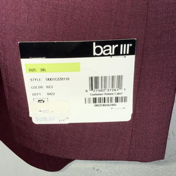 Bar III Men's Slim-Fit Wool Blend Suit Jacket Berry Red 38L $425 - Picture 5 of 9
